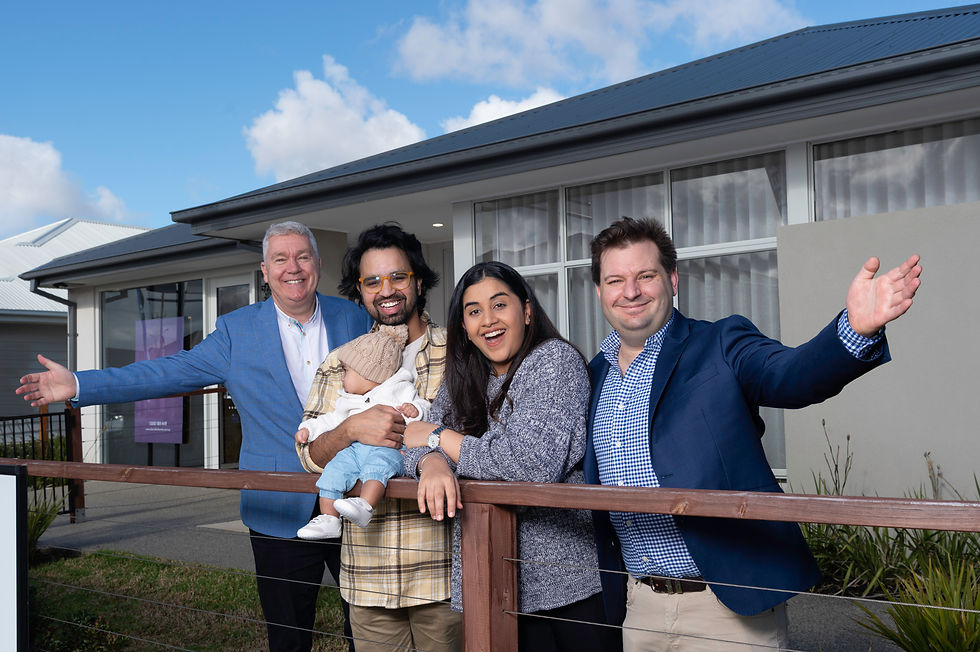 Oliver Hume’s Cameron Yates (left) and Adam Duster (right) join Arshad Shaik, Saima Dinware and baby Aanya